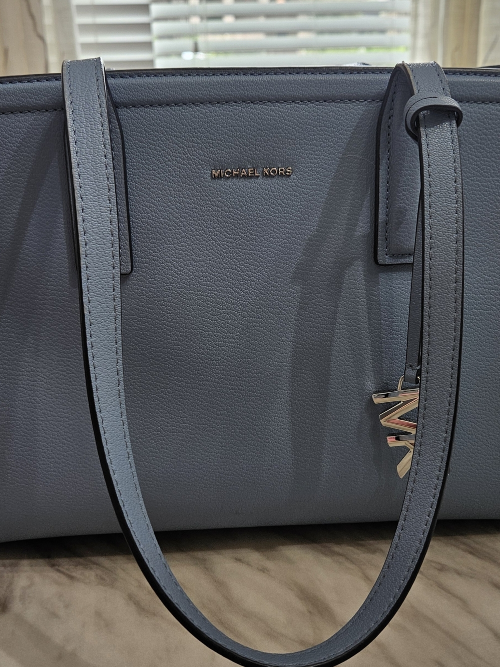 Michael Kors Slate Blue Pebbled Leather Tote with MK Pendant
